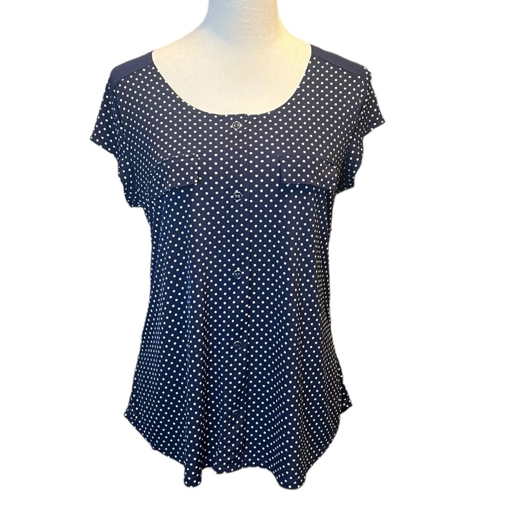 Diana Belle dark navy and white polka dot stretchy shirt size small EUC - Picture 2 of 7